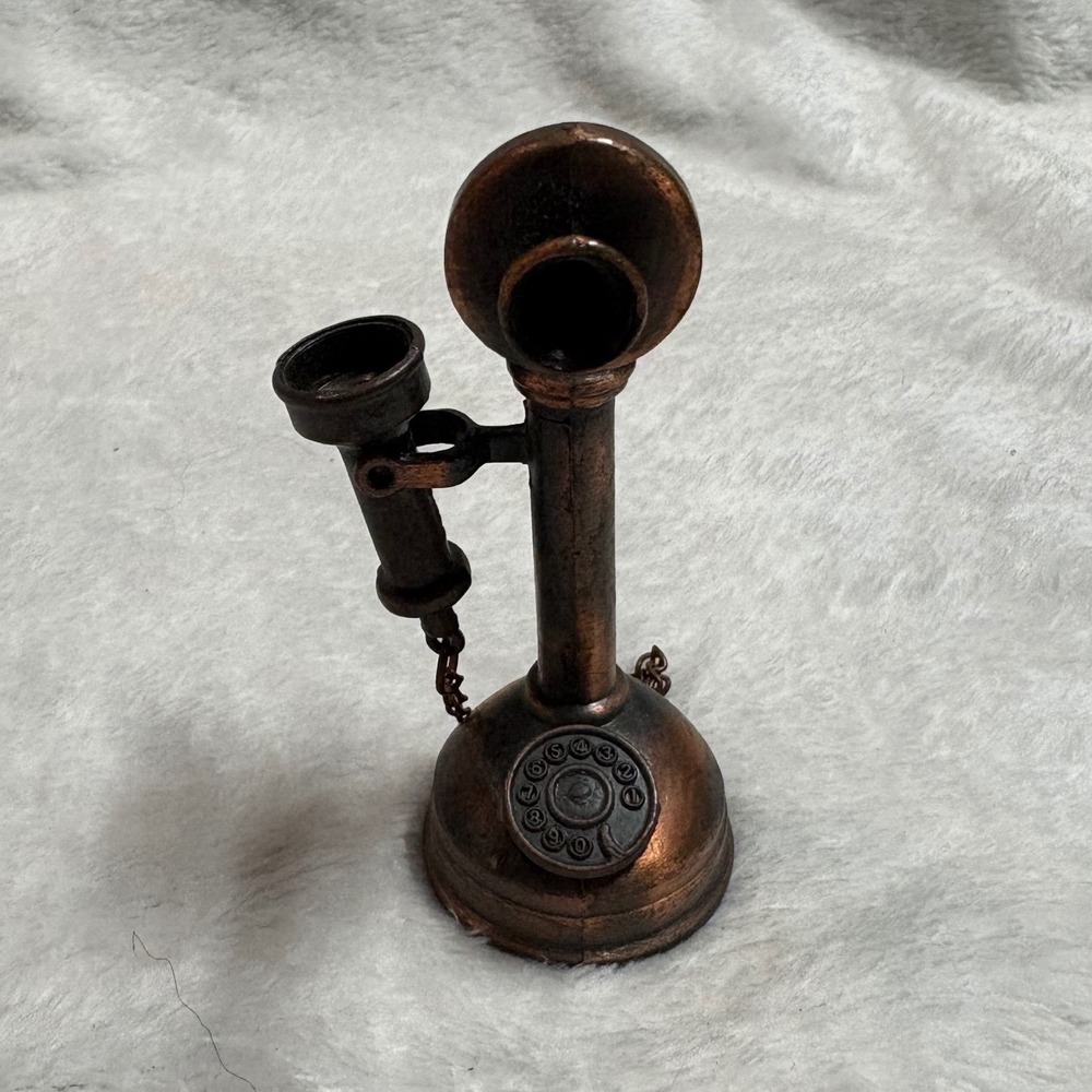 Vintage Miniature Candlestick Telephone Die Cast Metal Pencil Sharpener Copper